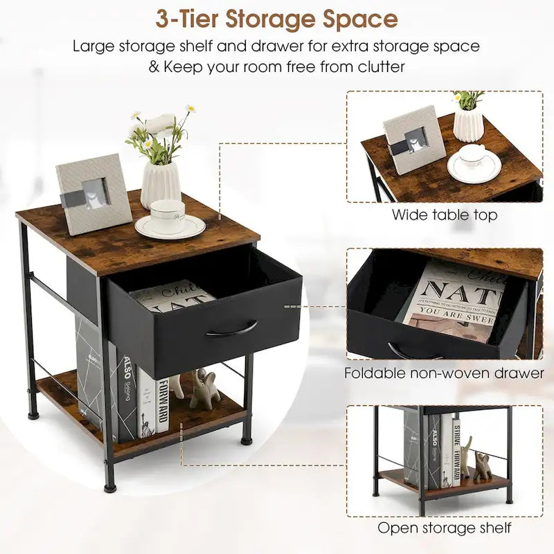 2 PCS 2-tier Nightstand Bedside End Sofa Table with Drawer - 16 x 16 x 21 (L x W x H)