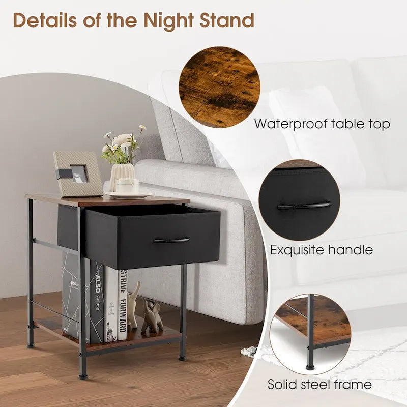 2 PCS 2-tier Nightstand Bedside End Sofa Table with Drawer - 16 x 16 x 21 (L x W x H)