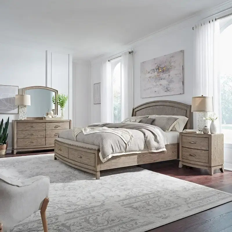Burnished Beige Oak King Panel Storage Bed Bedroom Set