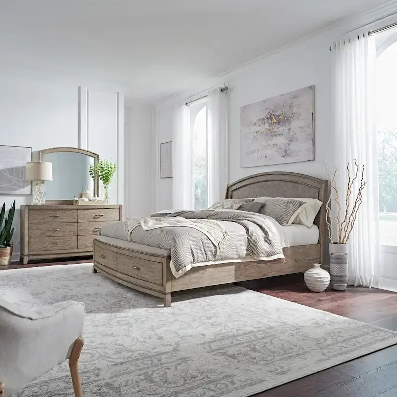 Burnished Beige Oak King Panel Storage Bed Bedroom Set