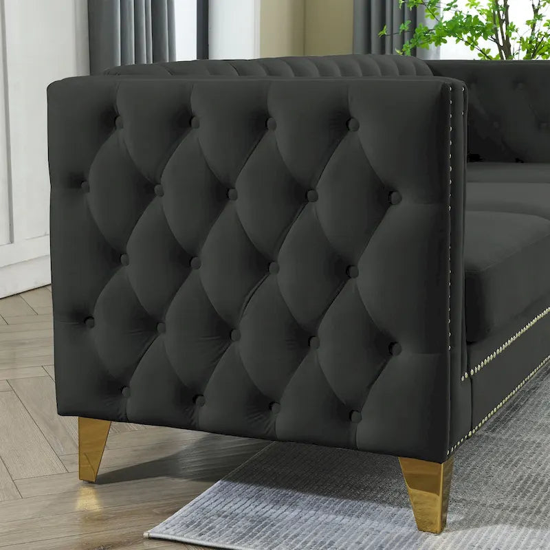 2-Pieces Velvet Upholstered 3 Seat Sofa, Classic Chesterfield Couch Buttons Tufted Square Arm Sofa with Nailheads and Metal Legs