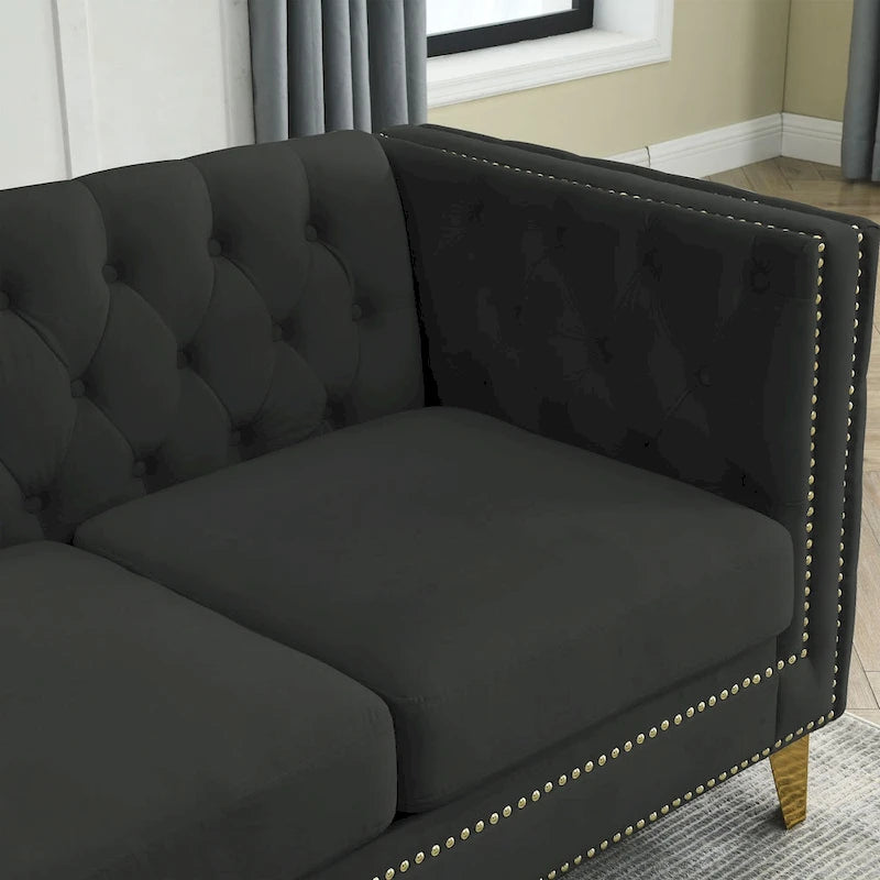2-Pieces Velvet Upholstered 3 Seat Sofa, Classic Chesterfield Couch Buttons Tufted Square Arm Sofa with Nailheads and Metal Legs