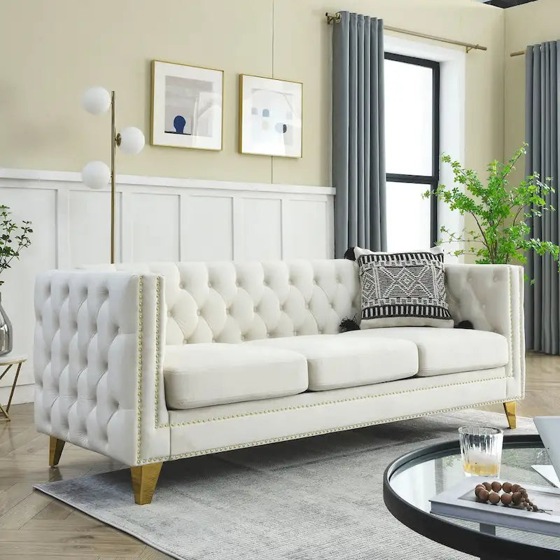 2-Pieces Velvet Upholstered 3 Seat Sofa, Classic Chesterfield Couch Buttons Tufted Square Arm Sofa with Nailheads and Metal Legs