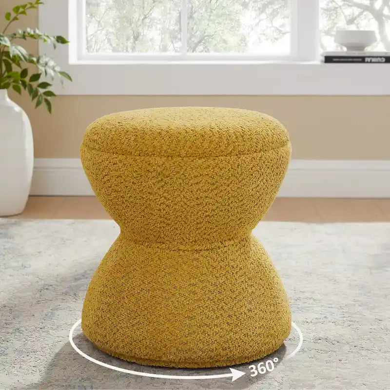 Djembe Boucle Upholstered Ottoman with Swivel Base, Pouf, Swivel Vanity Stool for Living Room, Walk-in Closet