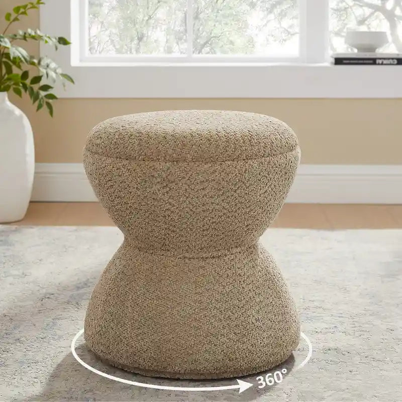 Djembe Boucle Upholstered Ottoman with Swivel Base, Pouf, Swivel Vanity Stool for Living Room, Walk-in Closet