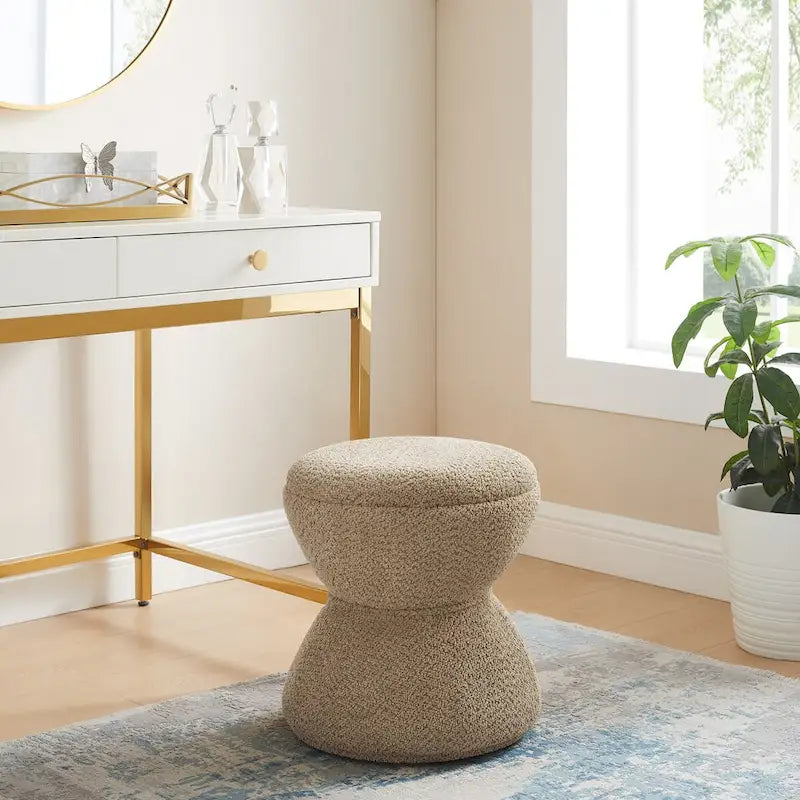 Djembe Boucle Upholstered Ottoman with Swivel Base, Pouf, Swivel Vanity Stool for Living Room, Walk-in Closet