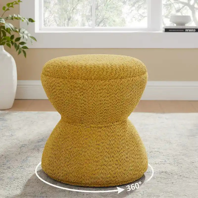 Djembe Boucle Upholstered Ottoman with Swivel Base, Pouf, Swivel Vanity Stool for Living Room, Walk-in Closet