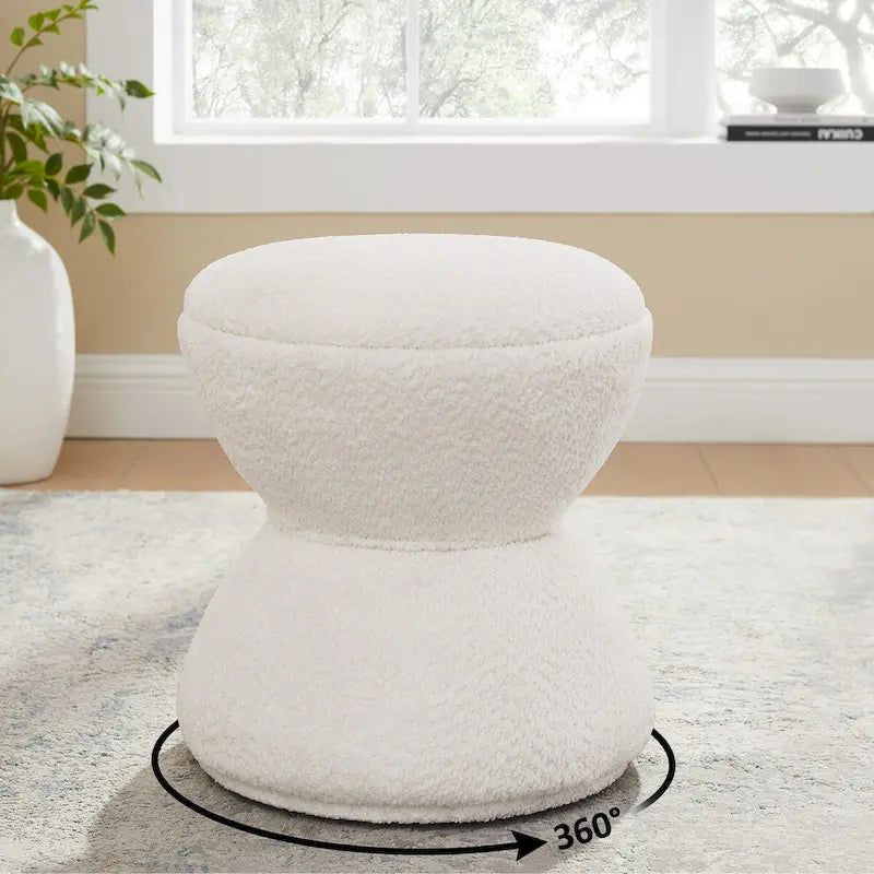 Djembe Boucle Upholstered Ottoman with Swivel Base, Pouf, Swivel Vanity Stool for Living Room, Walk-in Closet