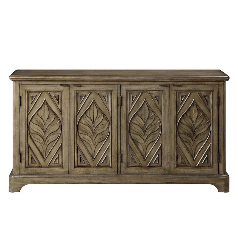 Console Table with Carved Leaf Motif Doors, Brown