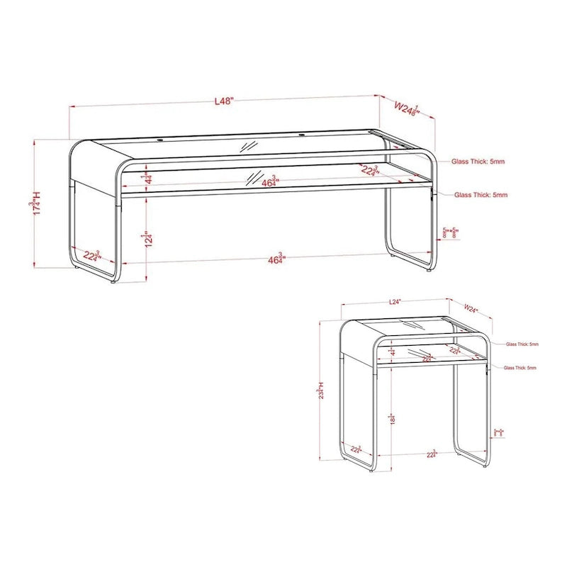 Gold 48-inch Glass Top 1-Shelf 2-Piece Coffee Table Set by