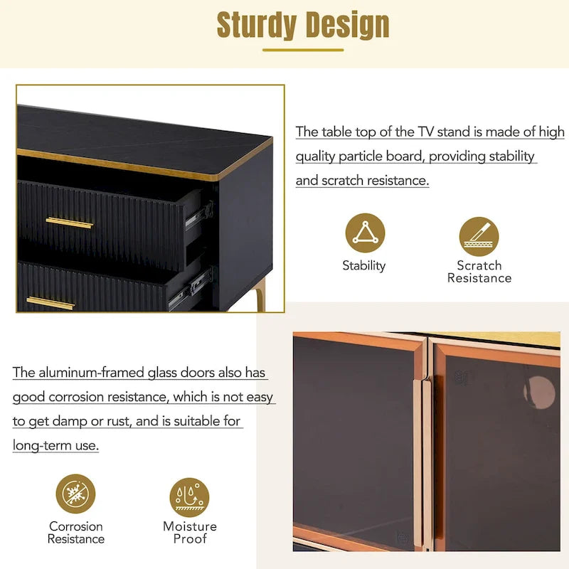 Media Console Table with Glass Storage Cabinet,Golden Legs & Handles