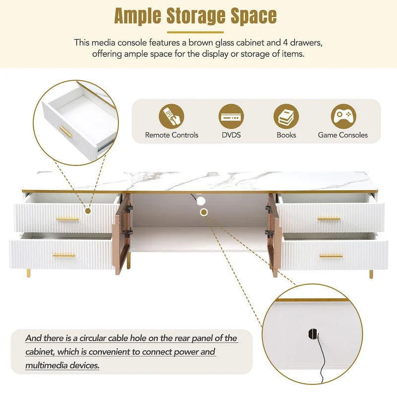 Media Console Table with Glass Storage Cabinet,Golden Legs & Handles