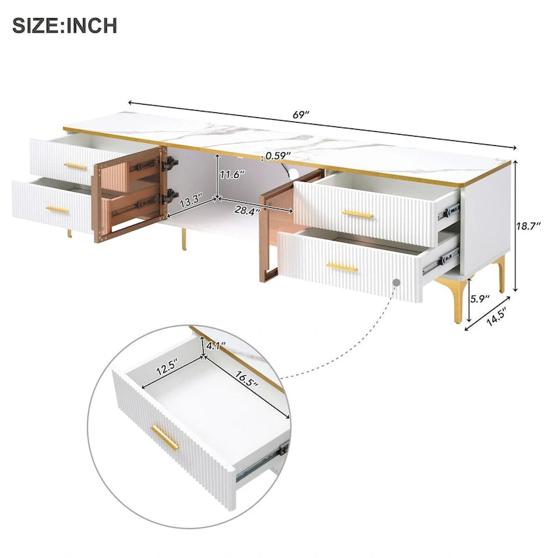 Media Console Table with Glass Storage Cabinet,Golden Legs & Handles