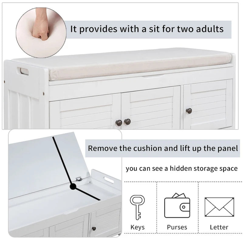 3 Doors Storage Bench with Removable Cushion and Hidden Storage Space