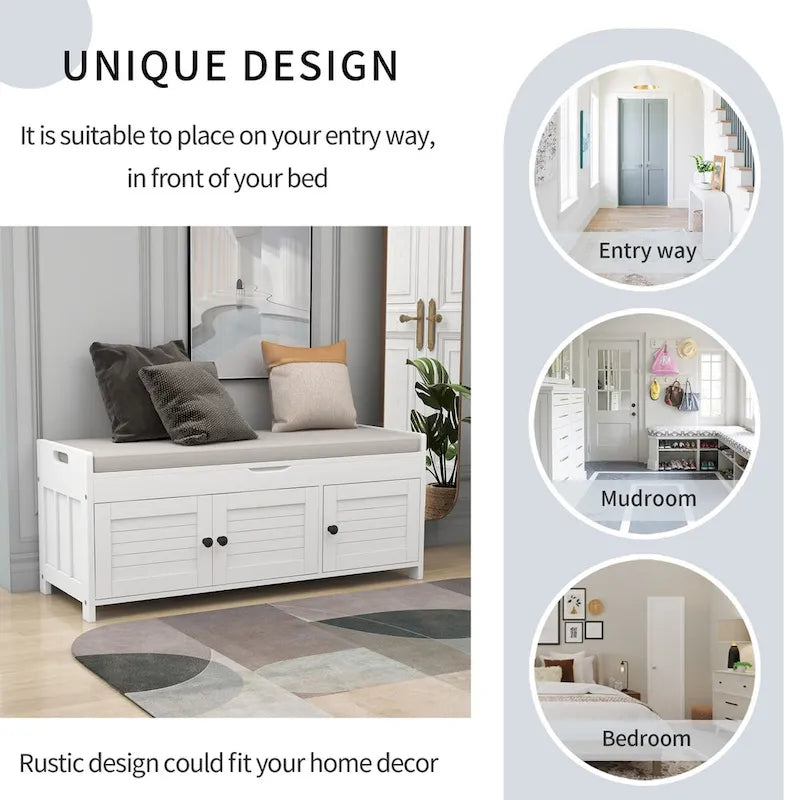 3 Doors Storage Bench with Removable Cushion and Hidden Storage Space