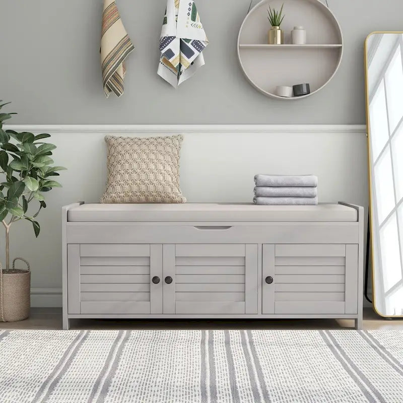 3 Doors Storage Bench with Removable Cushion and Hidden Storage Space