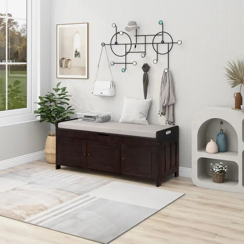 3 Doors Storage Bench with Removable Cushion and Hidden Storage Space