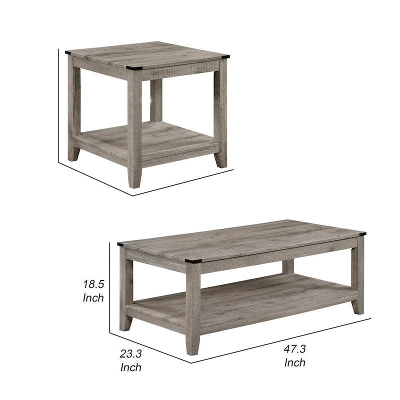 3 Piece Coffee and End Table Set, Wood, Storage Shelf, Beige Finish