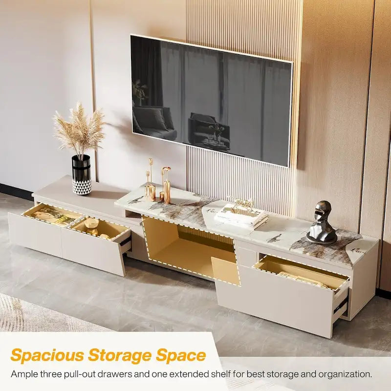 70.9 W - 105 W Extendable TV Stand, Extra Long Modern Entertainment Center with 3 Drawers