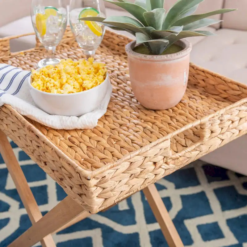 Natural Hyacinth Foldable Snack Table with Removable Tray