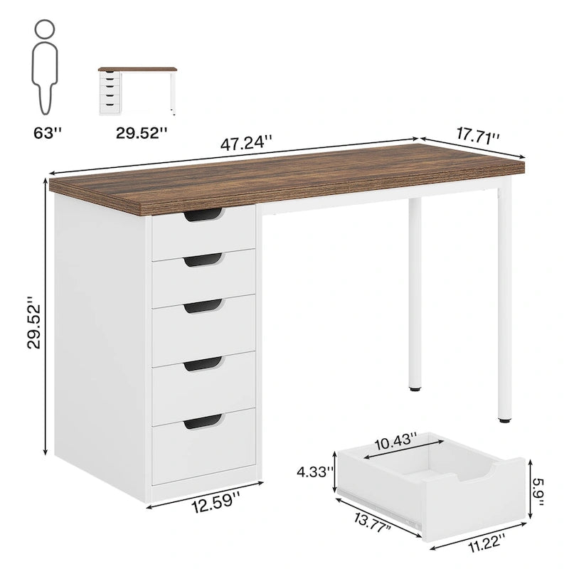 47 inch Computer Wood Desk Office Desks with 5-Drawer, Writing Desk with Metal Frame for Bedroom Study