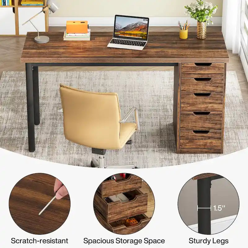 47 inch Computer Wood Desk Office Desks with 5-Drawer, Writing Desk with Metal Frame for Bedroom Study