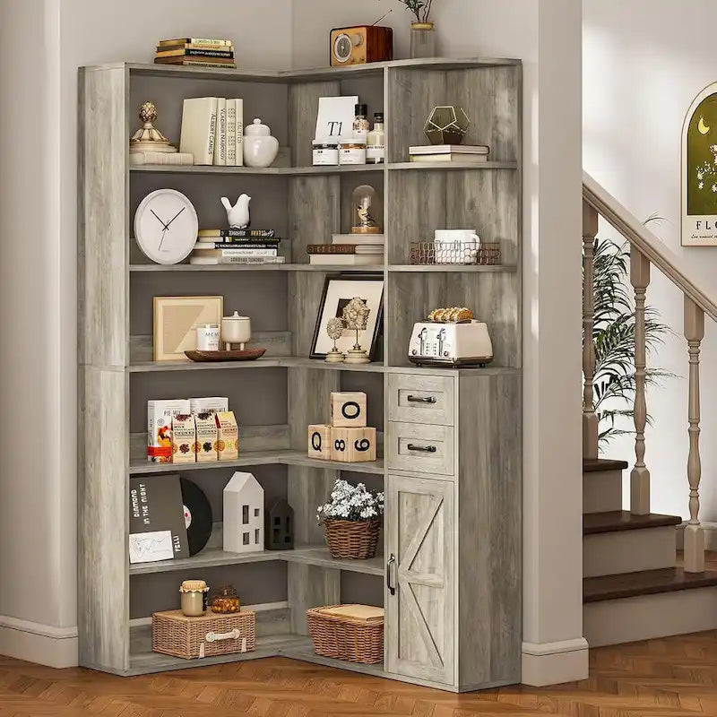 7-Shelf Corner Bookshelf L-Shape Bookcase Large Storage Shelf Display