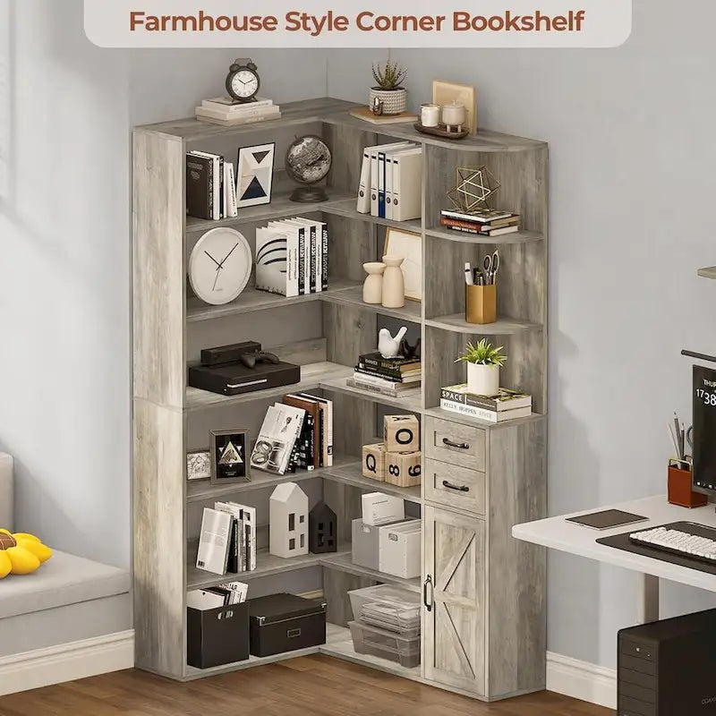 7-Shelf Corner Bookshelf L-Shape Bookcase Large Storage Shelf Display